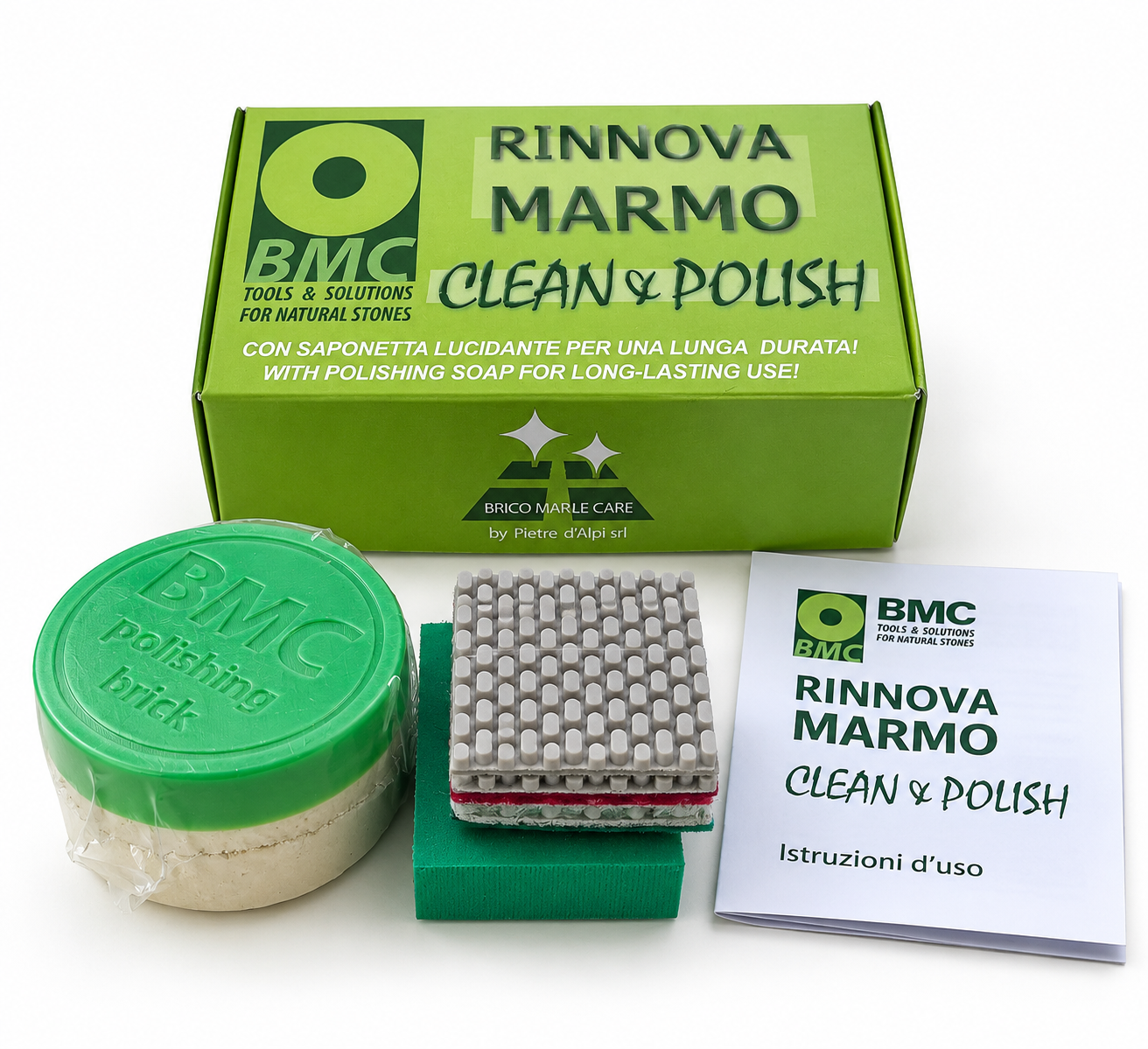 Rinnova Marmo C&P kit fai da te per marmo opaco con abrasivi e saponetta lucidante