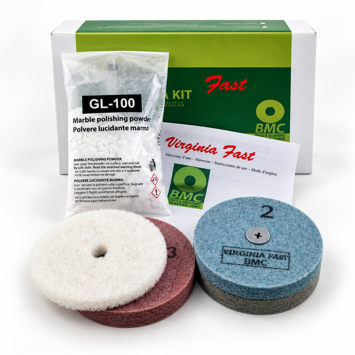 Virginia Fast - kit con 3 tamponi abrasivi, tampone bianco non abrasivo e GL-100